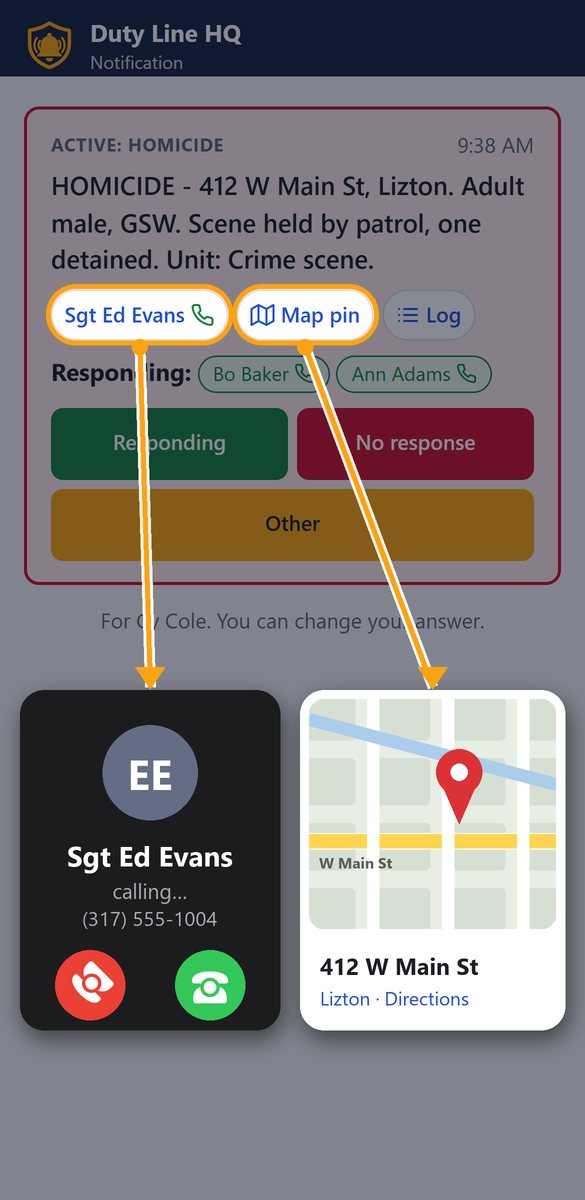 A call-out on an officer's phone with the address, map pin and Responding button