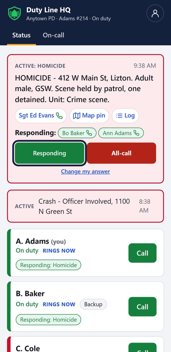 Status page showing an active call-out and each detective's place in line
